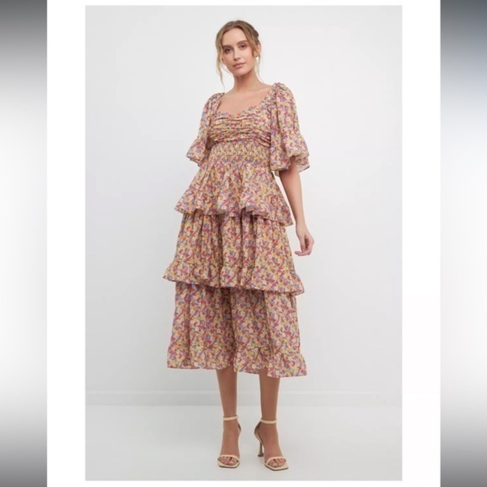 New ▶️ FREE THE ROSES ◀️ Floral Smocked Ruffle Tiered Midi Dress